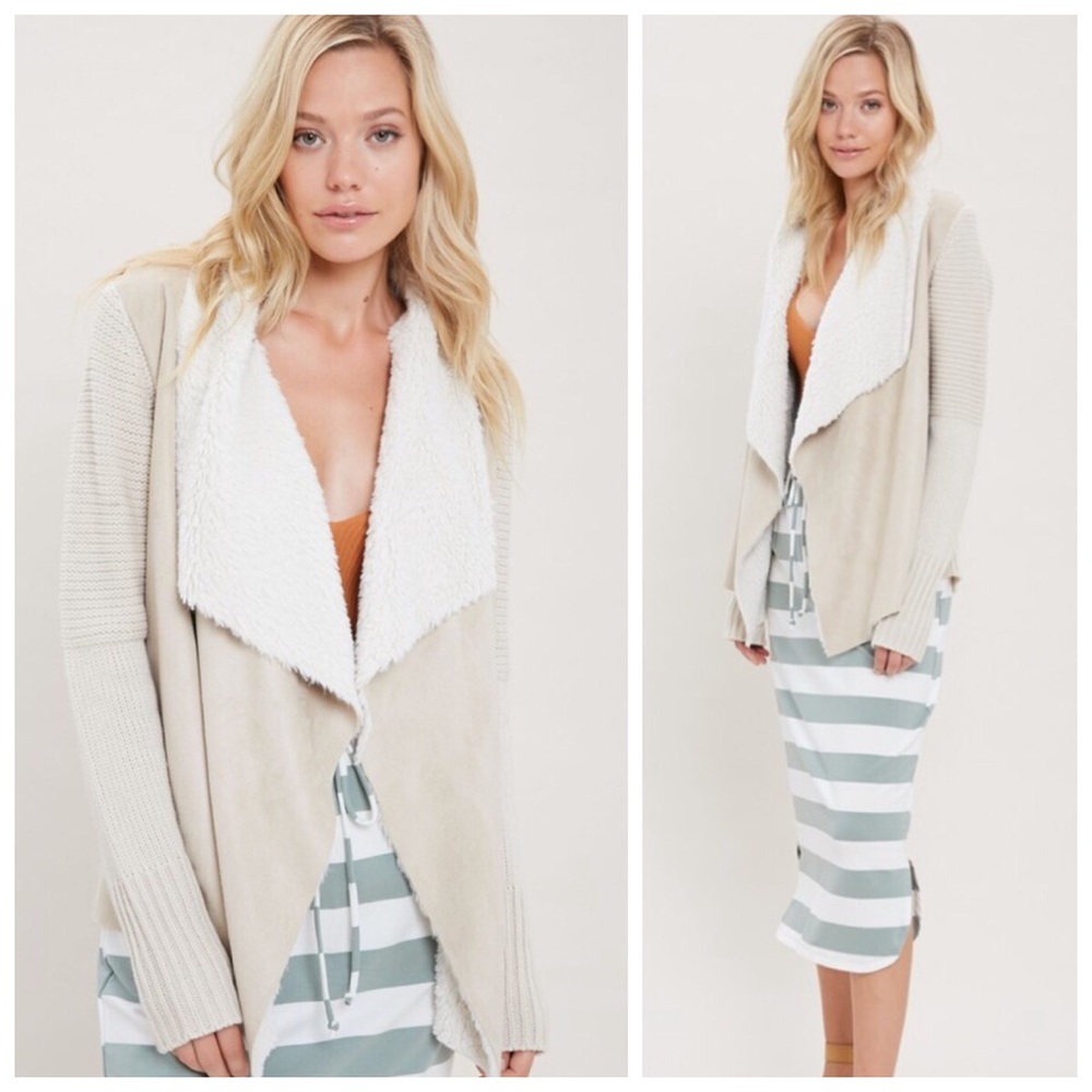 New sand faux suede fur cardigan sweater - Picture 4 of 6